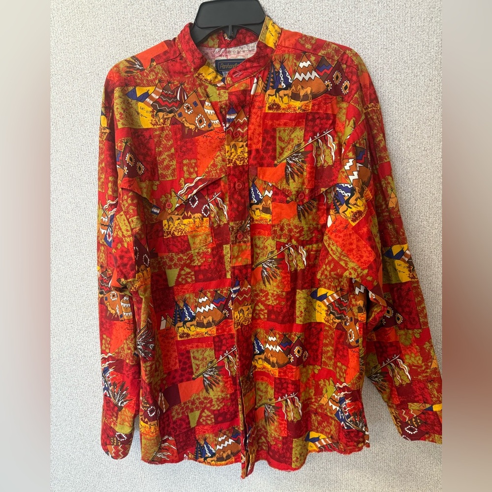 Vintage Panhandle Slim Men‎ M Red Native American Teepee Button Up Western Shirt
